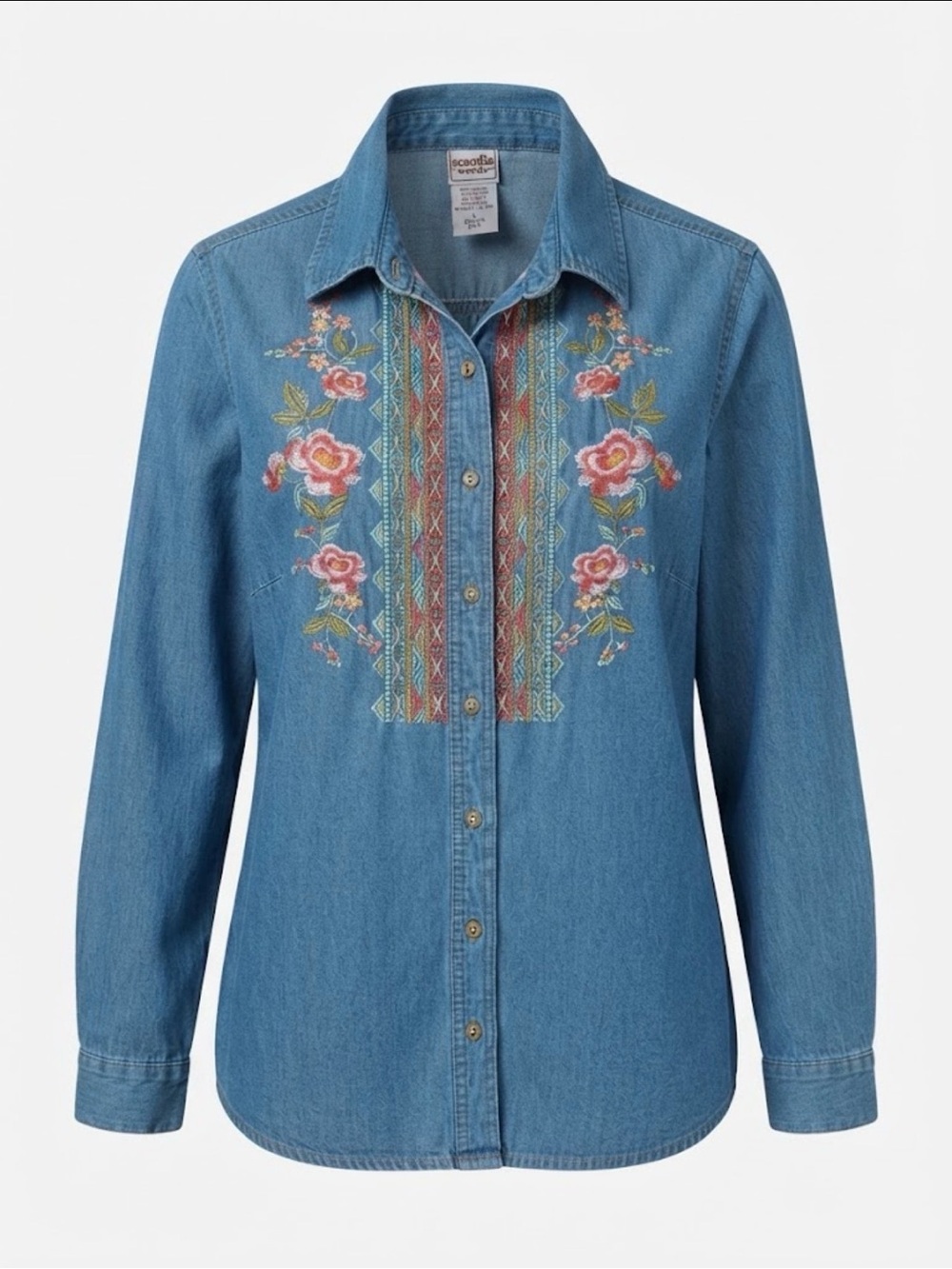 Vintage Scandia Woods Embroidered Denim Shirt L Western Boho Southwest Floral